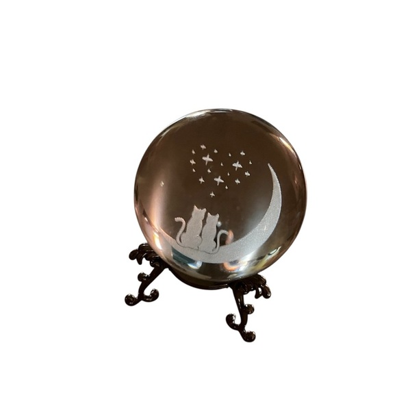 Crystal Ball With Two Cats On Moon Heart Stars With Stand - Picture 2 of 11